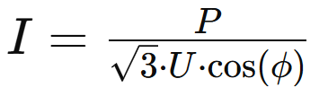I = P / (sqrt(3) * U * cos(phi))