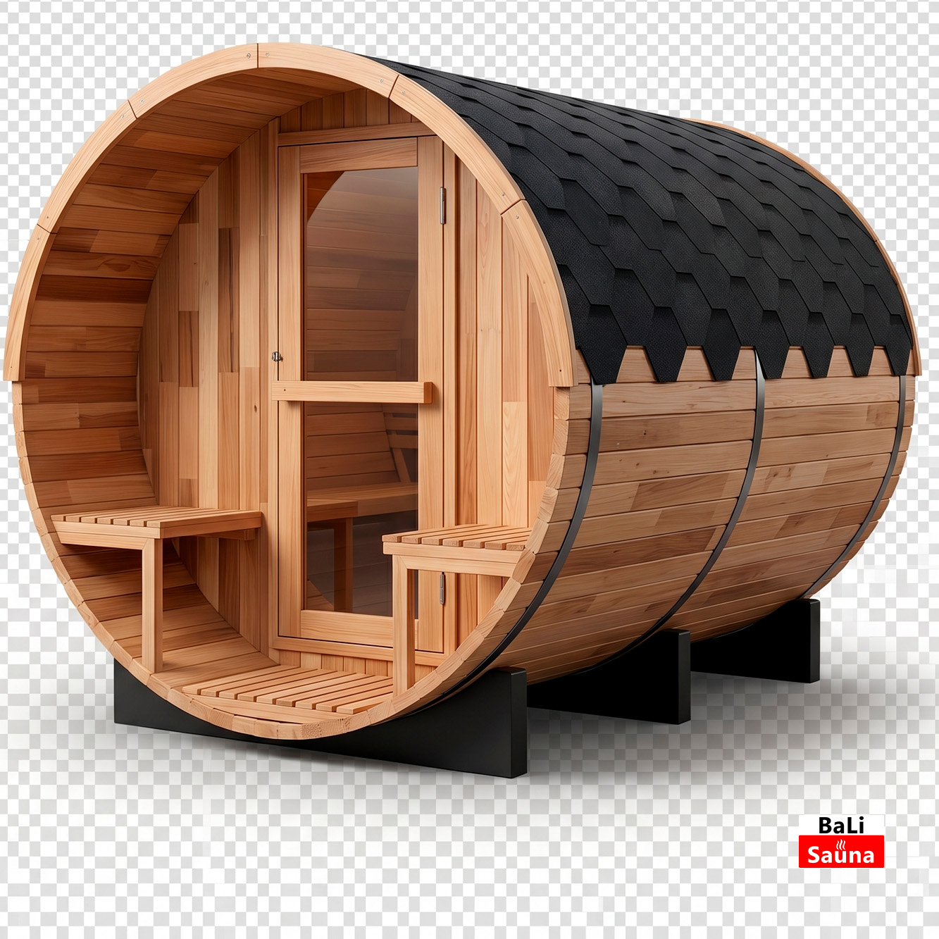 Wooden barrel-shaped sauna on black supports, with a glass-front door and interior benches visible inside.