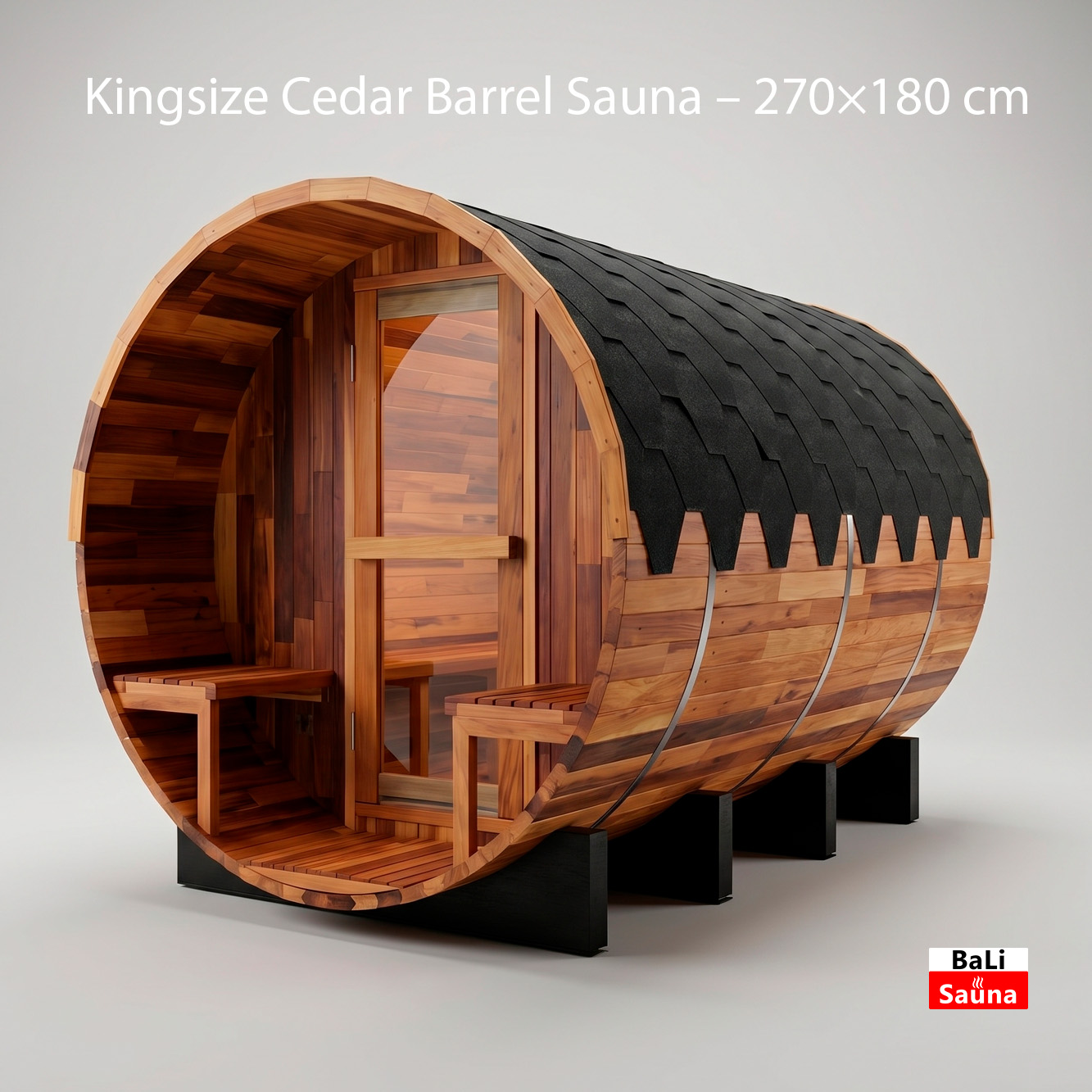 Kingsize Cedar Barrel Sauna (270x180 cm) built from cedar planks with a curved barrel shape and a black shingled roof, on stands.