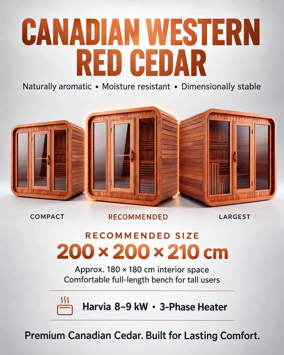 Canadian Western Red Cedar Saunas – Recommended Size 200 × 200 × 210 cm