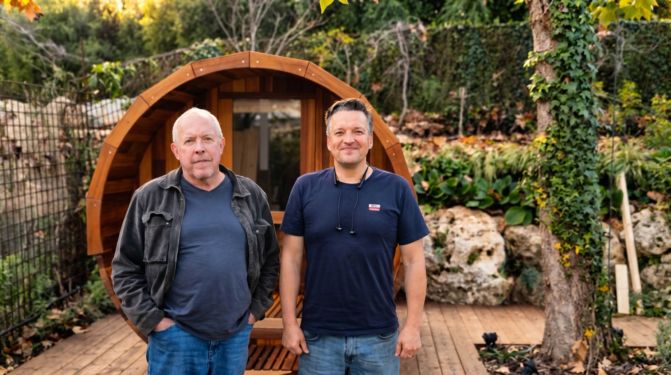 Two men stand on a wooden deck in a garden, with a curved wooden sauna behind them and autumn foliage surrounding.