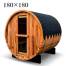 Wooden barrel-shaped sauna on two black supports, with a glass-paneled door and small window on the curved front edge.