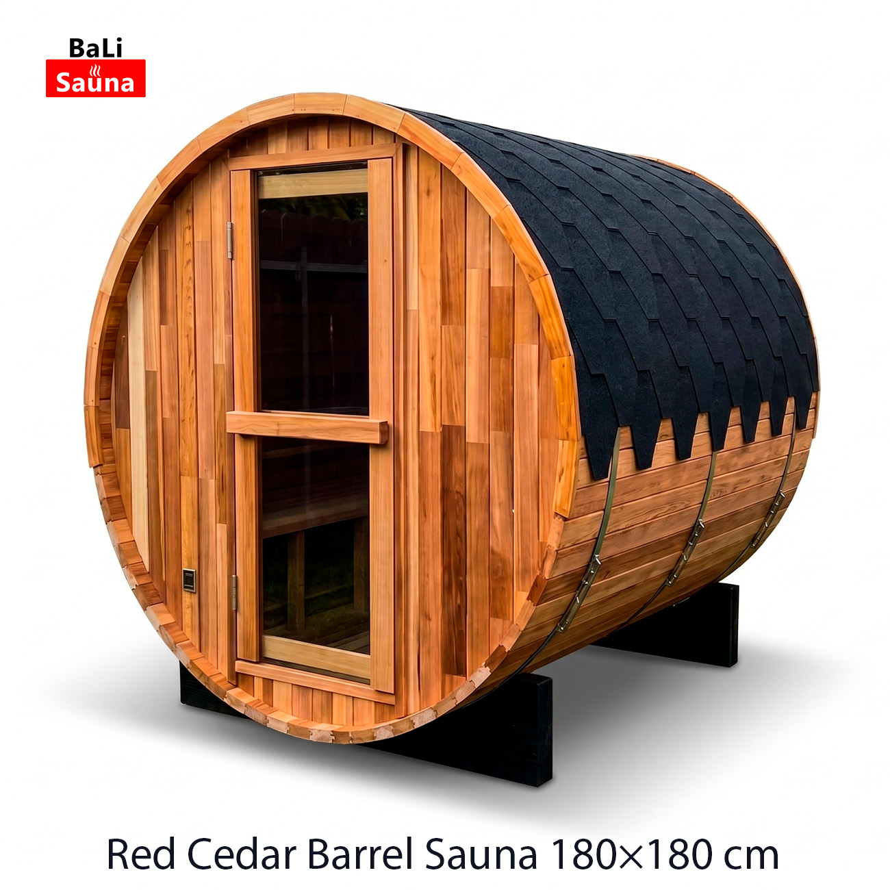 Barrel-shaped red cedar sauna with glass door and dark shingle roof on black supports. (Bali Sauna logo in corner)