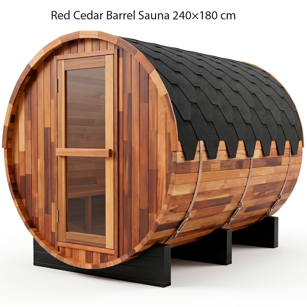 Red cedar barrel sauna with a glass-pane door, curved cedar planks, and black roof, resting on black supports.