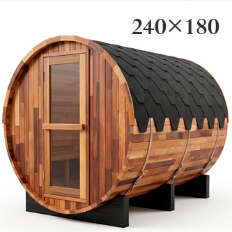 Wooden barrel sauna with curved planks, glass door, and a dark shingled roof on black supports.