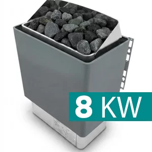 Electric sauna heater filled with sauna stones and an 8 kW rating badge