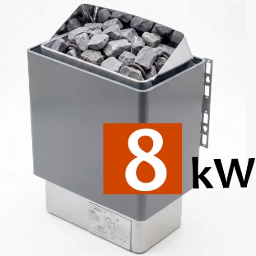 Electric sauna heater with stones on top and an 8 kW label showing the capacity.