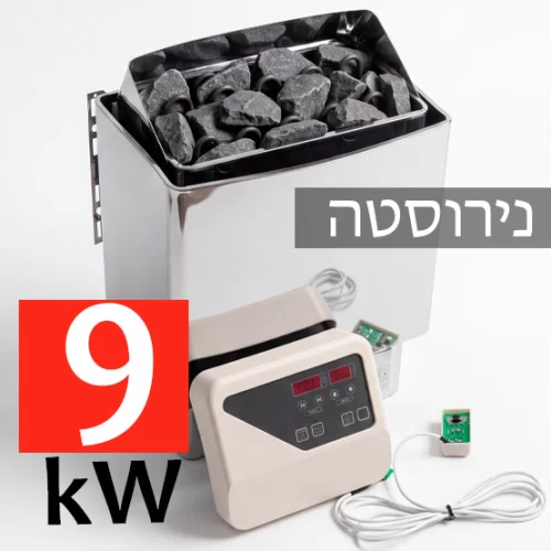 Electric sauna heater with rocks on top and a digital control panel, 9 kW rating shown
