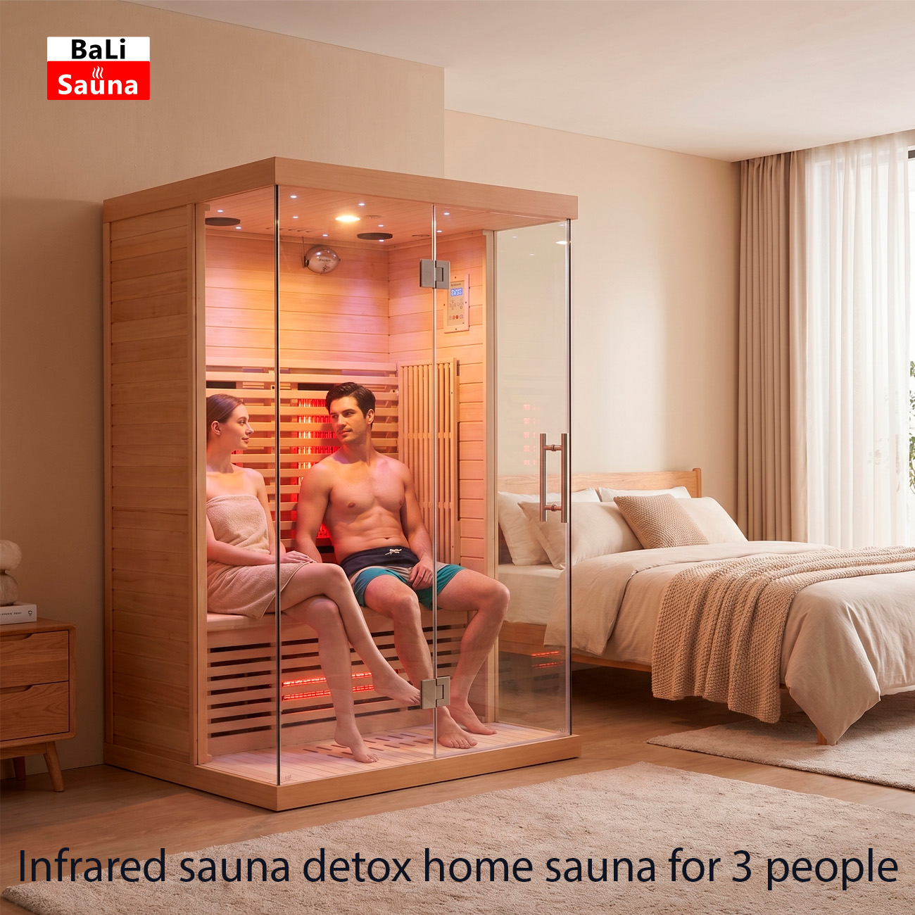 Couple sits inside a glass-front infrared sauna in a modern bedroom, warm lighting glowing inside the cabin.