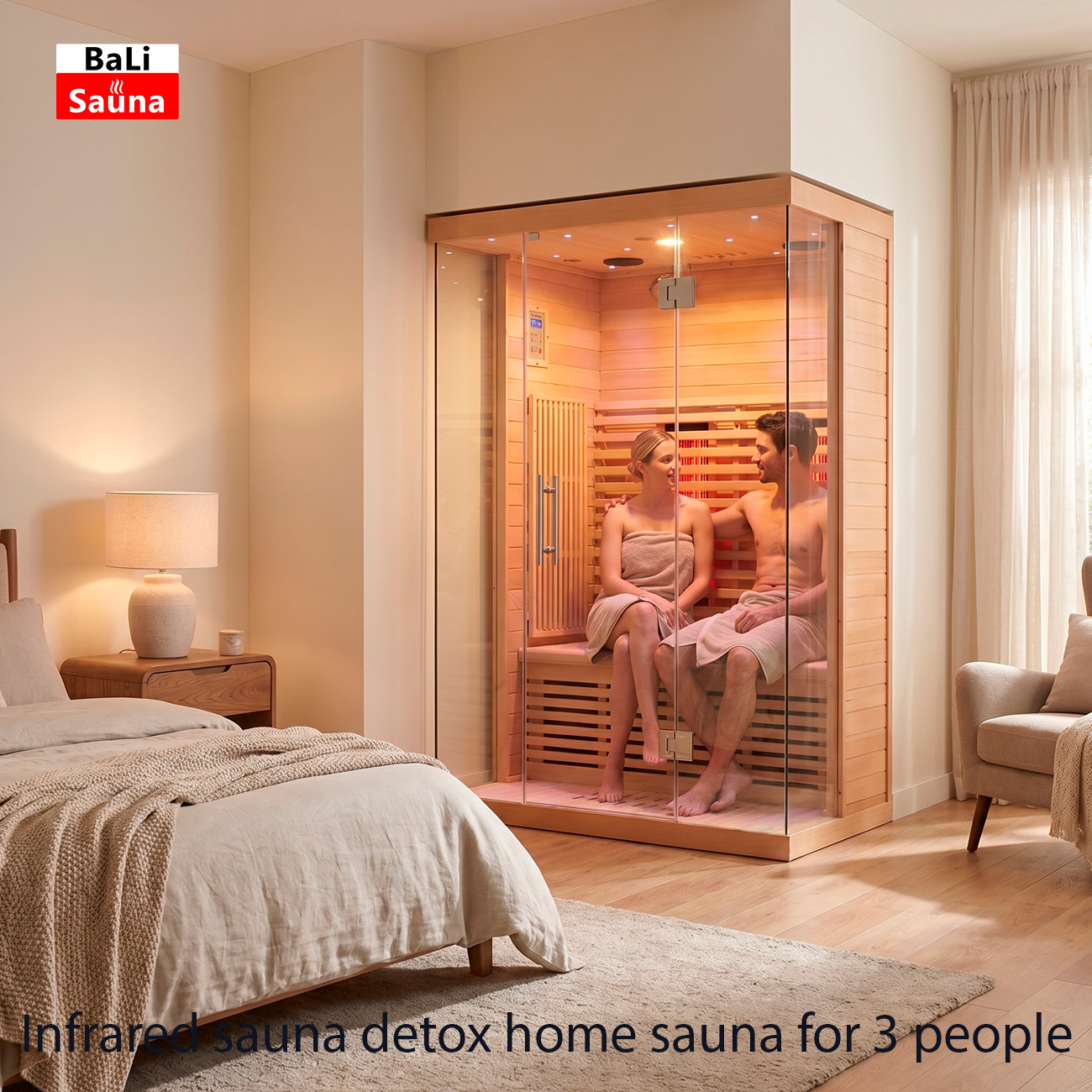 Couple relaxing inside a glass-fronted wooden infrared sauna in a modern bedroom.