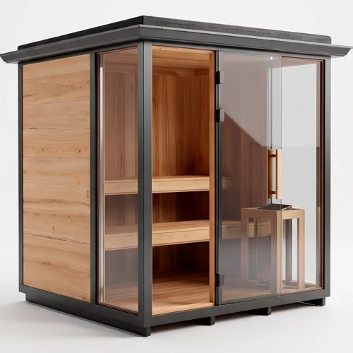 סאונת יוקרה של Bali Sauna עם ארז קנדי אדום, זכוכית כהה, קרמיקה ותנור Harvia