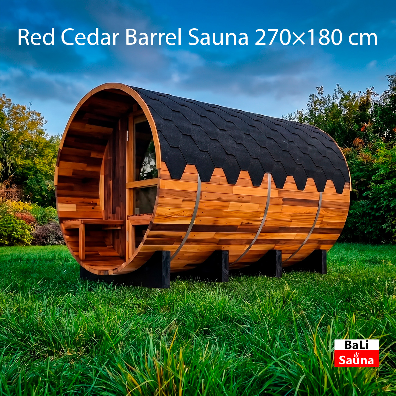 Barrel-shaped wooden sauna on short supports in a grassy yard with a dark shingled roof and outdoor setting; text reads 'Red Cedar Barrel Sauna 270x180 cm' at top right.