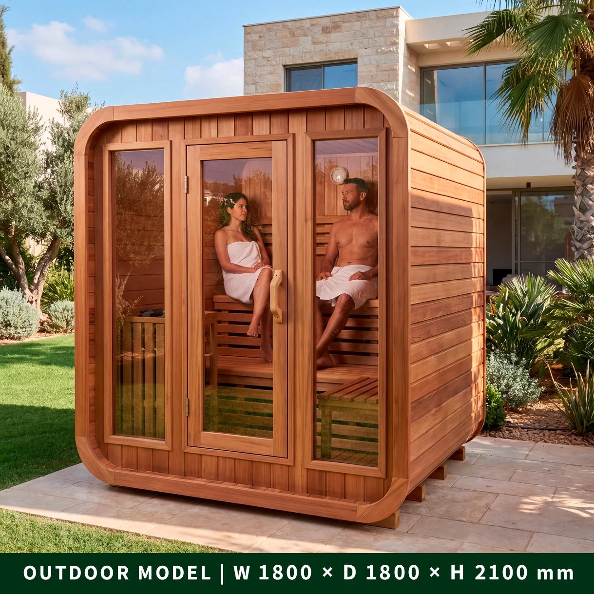 סאונה יבשה מעץ ארז קנדי אדום 180×180 ס"מ – מבט קדמי