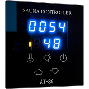 dkl ► BaLI סאונה יוקרתית לבית ולחצר Sauna controller panel (AT-86) with blue LED digits and icons for temperature, light, and power.