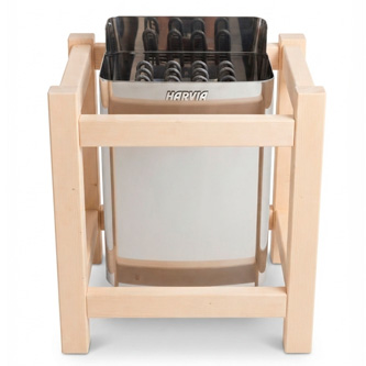 harvia-the-wall-wooden-heater-guard ► BaLI סאונה יוקרתית לבית ולחצר Wooden stand holding a metal Harvia knife sharpener with multiple sharpening slots.