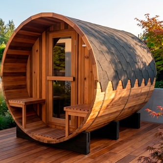 Outdoor wooden barrel sauna on a deck, showing curved cedar exterior and seating benches inside the barrel shape.