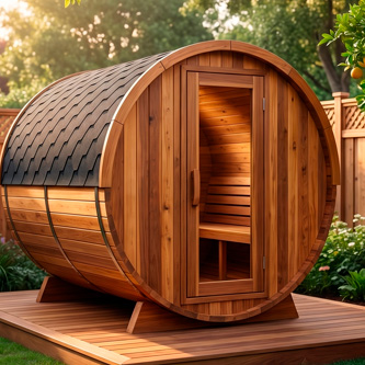 Wooden barrel sauna with an open doorway and interior benches, set on a wooden deck in a backyard garden.