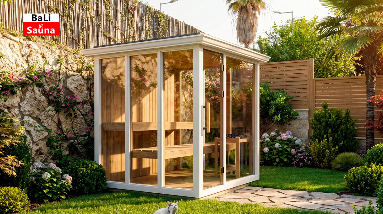 Glass-front wooden backyard sauna in a sunny garden with plants and a stone wall; BaLi Sauna logo in the top-left corner.