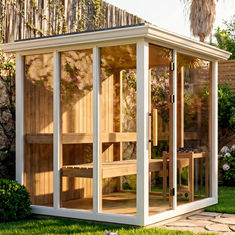 Glass-walled wooden greenhouse in a sunny backyard, with shelves inside and a glass door.