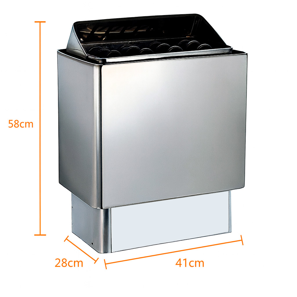 תנור סאונה חשמלי בהספק של 9 קילוואט, כולל מידות גובה, רוחב ועומק. ► BaLI סאונה יוקרתית לבית ולחצר בתמונה מוצג תנור סאונה חשמלי 9 קילוואט עם מידות גובה, רוחב ועומק.