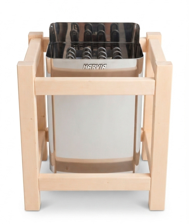 wooden-heater-guard ► BaLI סאונה יוקרתית לבית ולחצר Wooden frame supporting a metal sauna heater with stones on top (Harvia brand) used to heat a sauna.