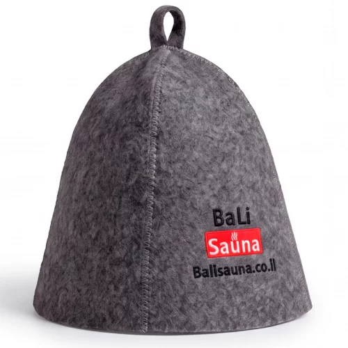 Gray felt sauna hat with a loop at the top and red embroidered 'Sauna' logo, plus text 'BaLi' and 'Ballsauna.co.il' on the front.
