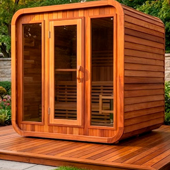Outdoor wooden sauna with glass doors on a wooden deck.