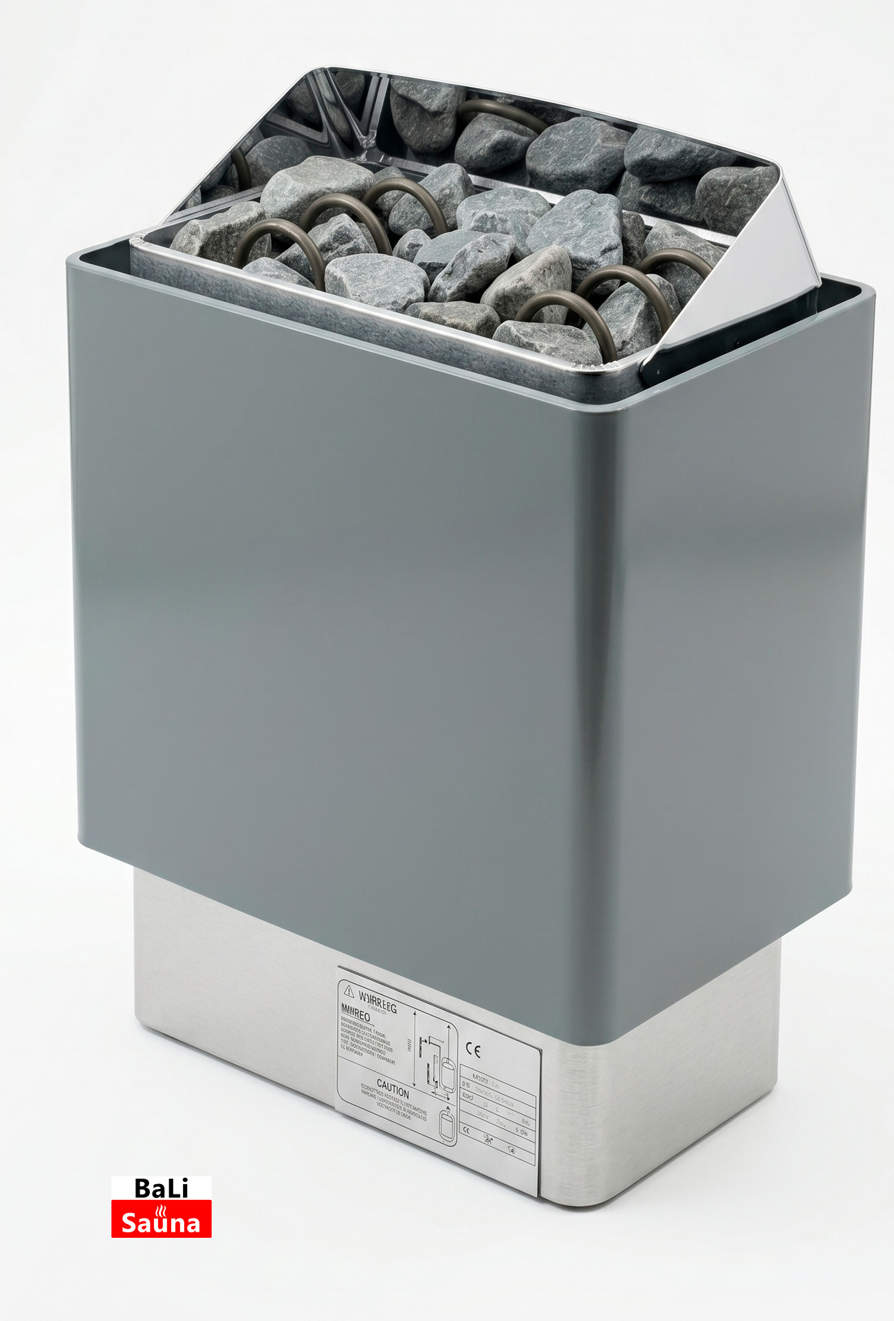 Sauna heater filled with stones on top, gray metal body, modern design.