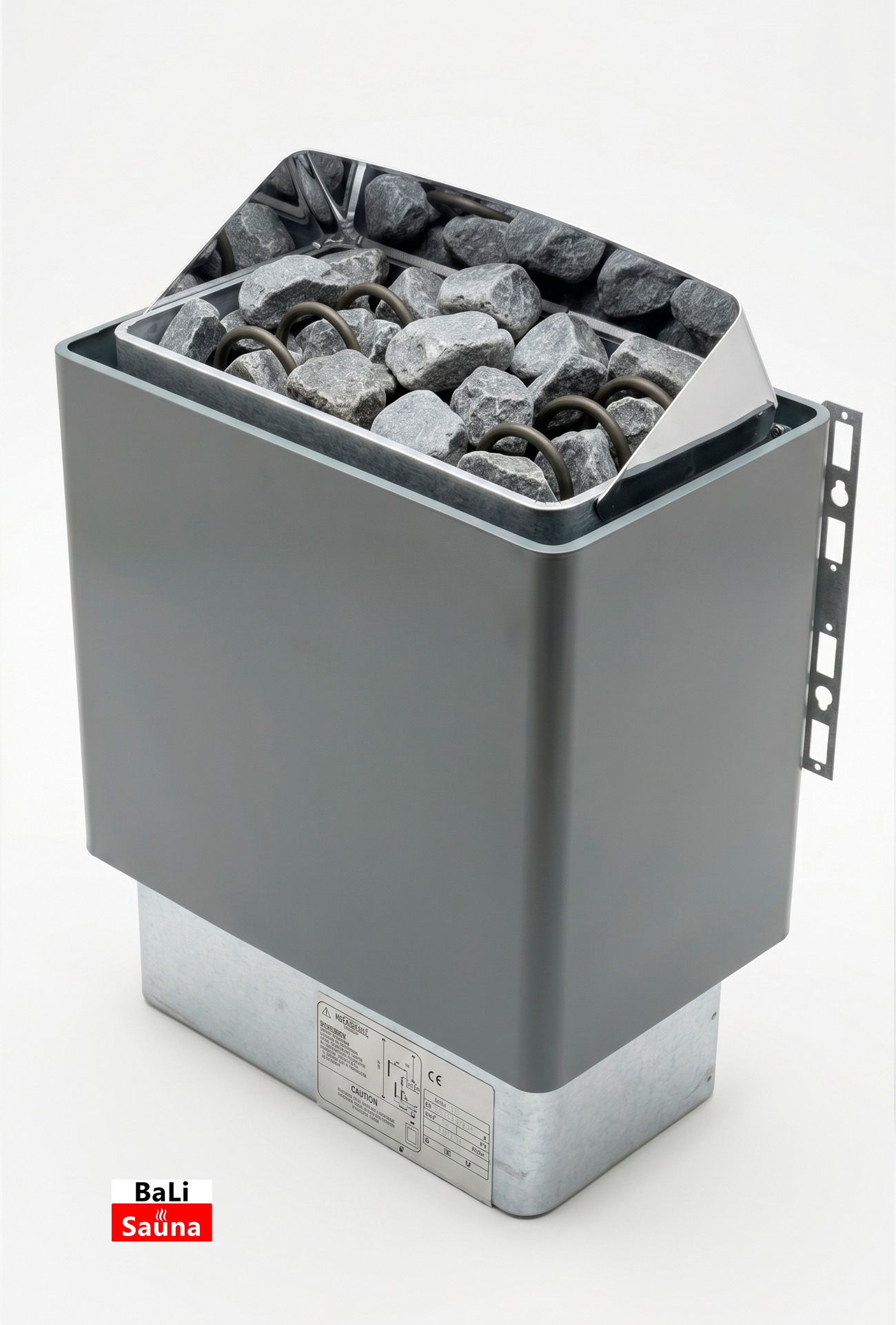Sauna heater with gray rocks on top and a metal body, Bali Sauna logo in the corner