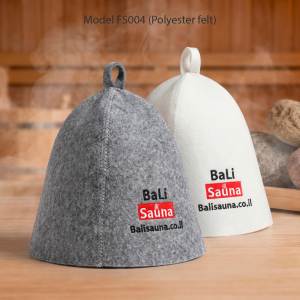 Two felt sauna hats in gray and white with a BaLi Sauna logo.