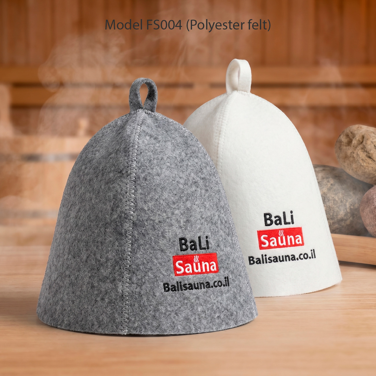 Two felt sauna hats in gray and white with a BaLi Sauna logo.