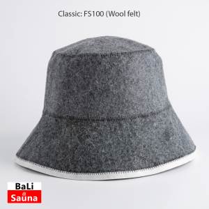Gray wool felt bucket hat with a white edge, labeled Classic: FS100 (Wool felt). BaLi Sauna logo in the corner.