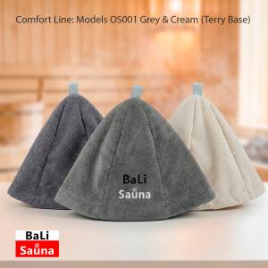 Three fabric sauna hats in grey, dark grey, and beige displayed on a white surface, Bali Sauna branding visible on the front hat and logo bottom left.
