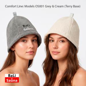 Two women model plush towel sauna hats in grey and cream; Bali Sauna logo at bottom-left.