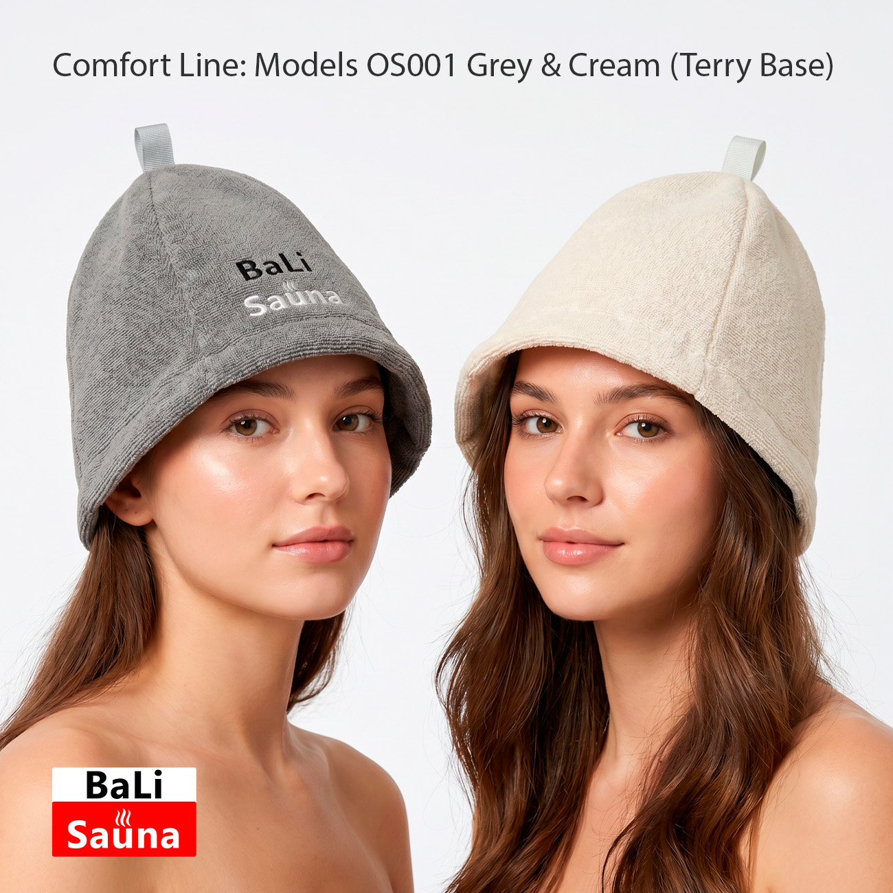 Two women model plush towel sauna hats in grey and cream; Bali Sauna logo at bottom-left.