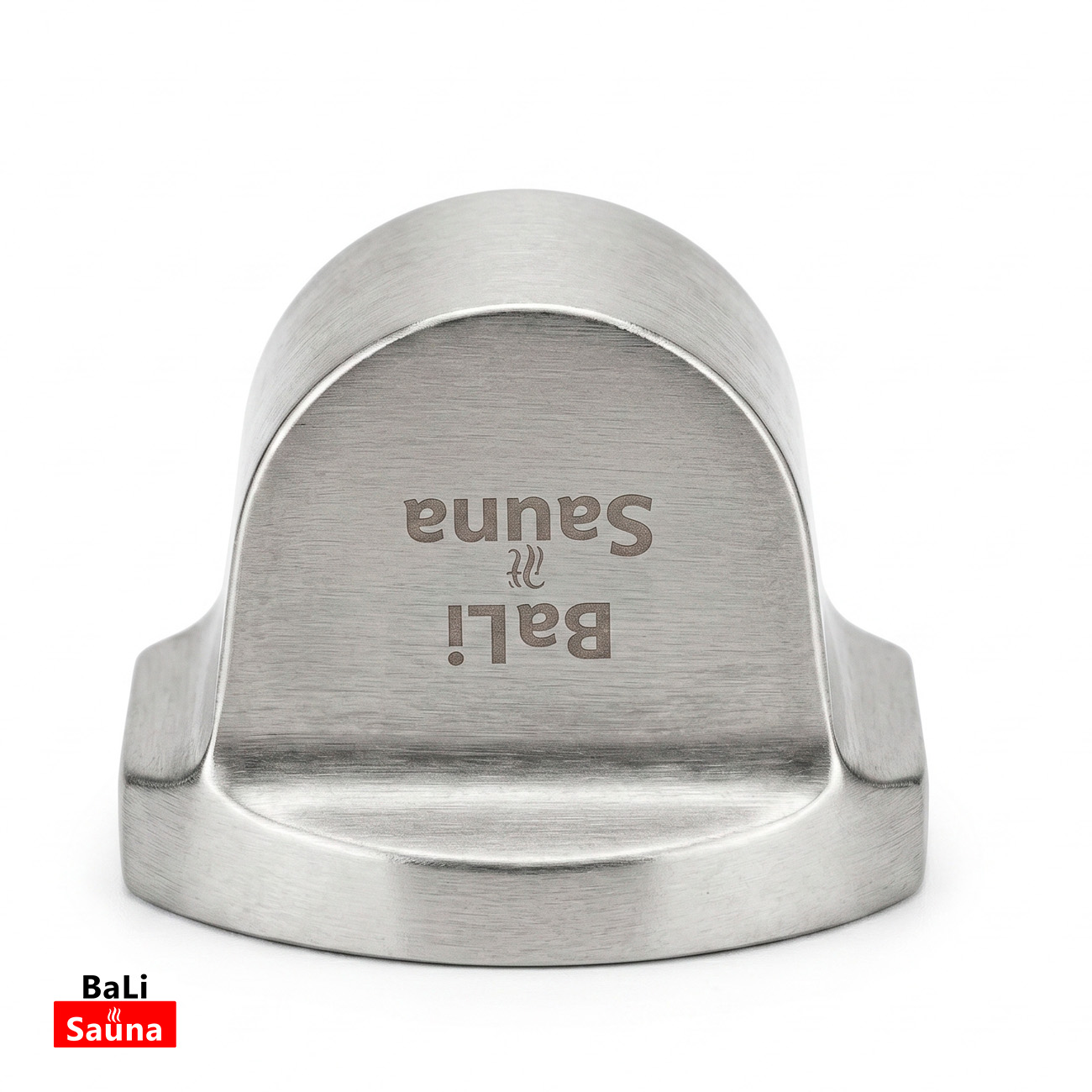 Metal branding stamp with a rounded top; the reversed text 'Bali Sauna' is visible, used to imprint branding on wood.