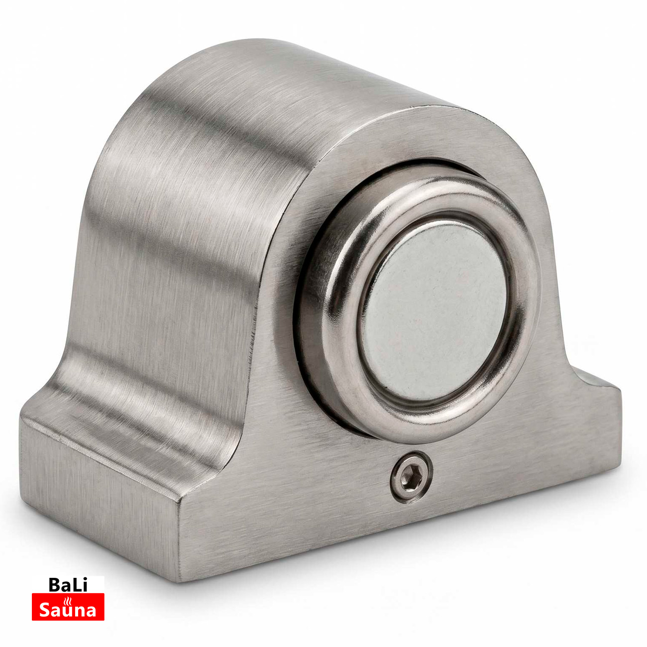 Stainless steel mounting bracket with a rounded circular roller at the front and a small screw visible below; BaLi Sauna watermark in the corner.
