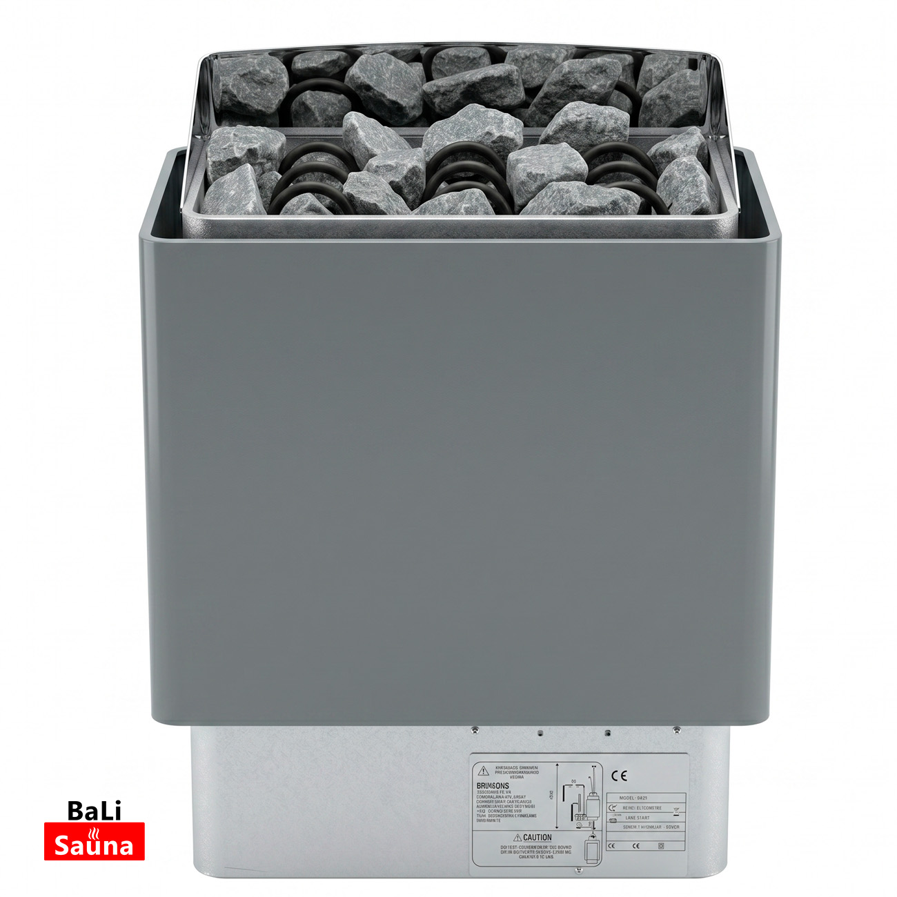 Electric BaLi sauna heater with a rock bed and visible heating coils in the top chamber, used to create heat and steam.