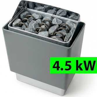 Grey sauna heater filled with rocks; a bright green label on the side reads 4.5 kW.