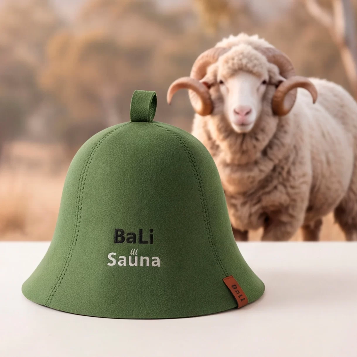 Green bell-shaped leather item with a loop, labeled 'Bali Sauna', on a white surface with a sheep in the softly blurred background
