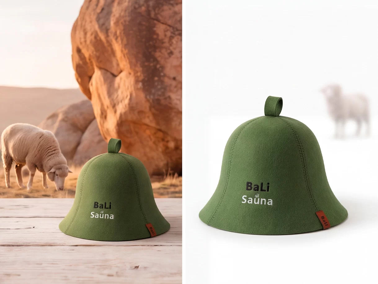 Two green Bali Sauna bells shown in split images: left on a wooden surface with a desert backdrop and a grazing sheep; right on a white studio background with a distant sheep.