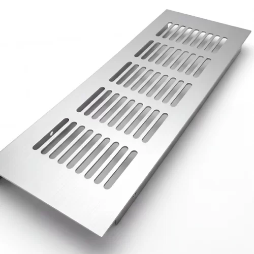 Rectangular stainless steel drain cover with multiple parallel slots.