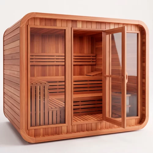 Compact wooden sauna with rounded corners, glass doors, and two-tier interior benches inside.