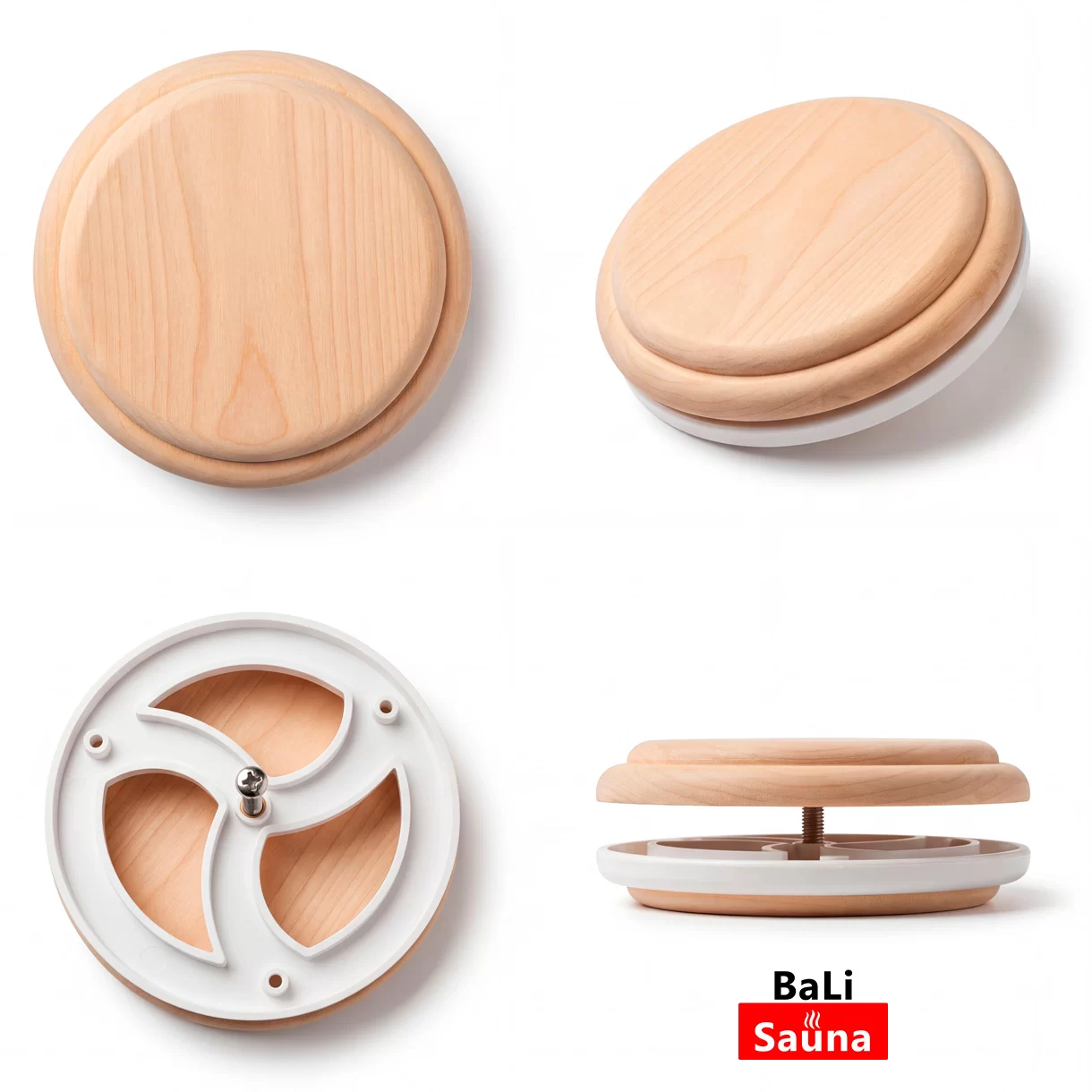 Wooden circular sauna lid and matching base, shown disassembled (top lid, bottom base) with Bali Sauna branding in the corner