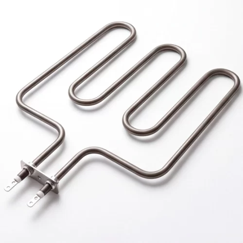 Electric heating element shaped in a zigzag coil with two spade terminals at one end.