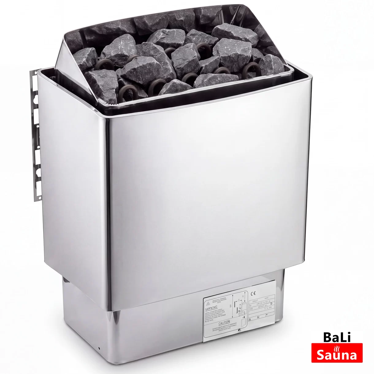 stainless-steel-sauna-heater-1 ► BaLI סאונה יוקרתית לבית ולחצר Stainless steel sauna heater filled with dark sauna stones and a Bali Sauna logo in the corner.